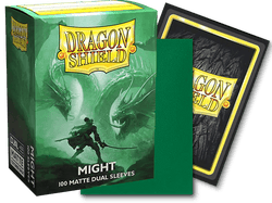 A box of Arcane Tinmen's Dragon Shield: Standard 100ct Sleeves - Might (Dual Matte), showcasing "Might" color with card art featuring a warrior and two dragons, where the black interior enhances the design, is accompanied by a stack of green sleeves adorned with a dragon-scale pattern.