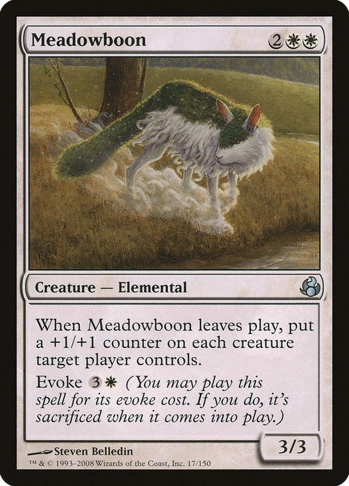 A Magic: The Gathering product titled "Meadowboon [Morningtide]" from the brand Magic: The Gathering. This Creature - Elemental is illustrated as a green and white quadrupedal animal with tufts of fur, standing in a grassy meadow. With a mana cost of 2 green and white, it has a power/toughness of 3/3 and features an Evoke ability detailed in text.