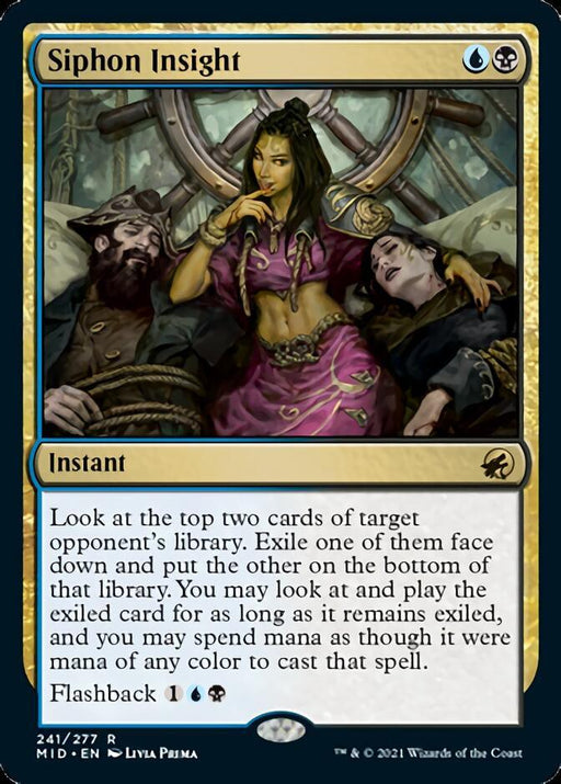 A Siphon Insight [Innistrad: Midnight Hunt] card from Magic: The Gathering. The image depicts a woman in purple clothing sitting between two resting or unconscious figures, one male and one female. This rare instant card features blue and black colors, signifying its classification and detailing its abilities and mana cost.