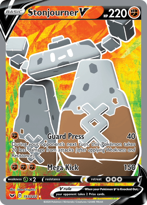 A Pokémon trading card featuring Stonjourner V (193/202) [Sword & Shield: Base Set], an Ultra Rare rock and Fighting Pokémon with 220 HP from the Sword & Shield series. The card has colorful, abstract art showing Stonjourner as three large stone structures with eyes. It knows "Guard Press" (40 damage) and "Mega Kick" (150 damage). Weakness is grass type, retreat cost is four.