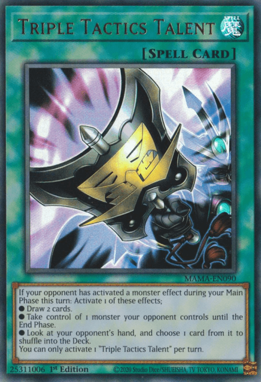 Image of the Triple Tactics Talent [MAMA-EN090] Ultra Rare Normal Spell Card from the Yu-Gi-Oh! trading card game. The card features an illustration of a dark-clad character wielding a curved sword and wearing a metallic helmet with glowing eyes. The card text details three effects that can be activated if the opponent has triggered a monster effect.