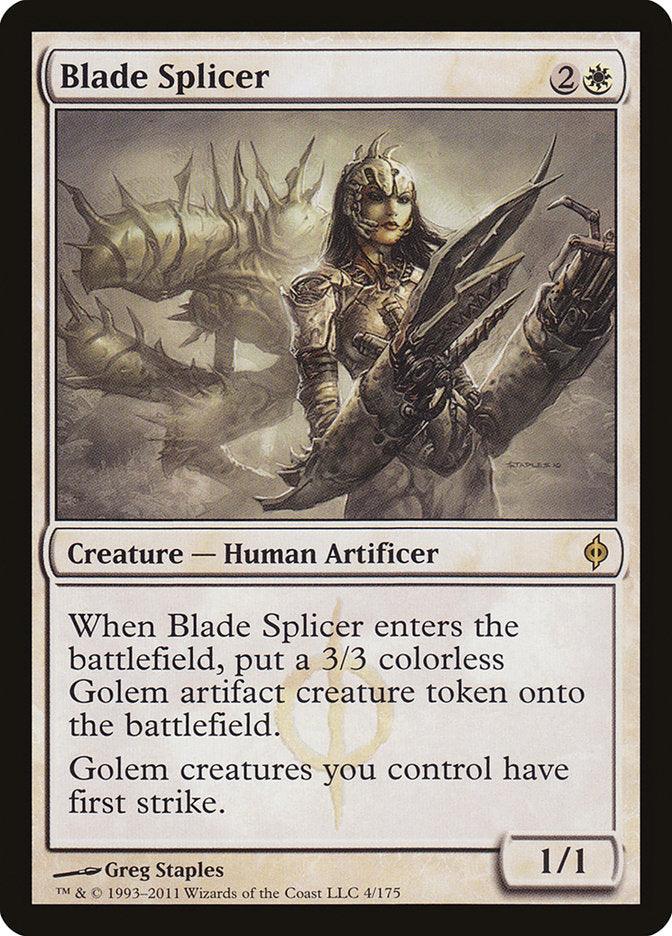 A "Blade Splicer [New Phyrexia]" Magic: The Gathering card from the New Phyrexia set. It has a casting cost of 2 and a white mana. The card art depicts a figure with mechanical arm augmentations standing beside a large golem. The card's text details its abilities: creating a 3/3 Phyrexian Golem token and granting golems first strike.