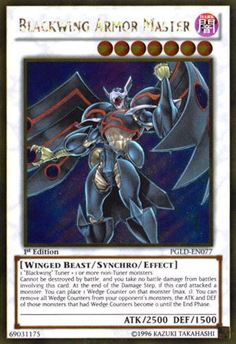 This Yu-Gi-Oh! Gold Rare trading card, Blackwing Armor Master [PGLD-EN077], features a Synchro/Effect Monster donned in sleek black armor with red accents. The light background emphasizes its details, including attack (ATK 2500) and defense (DEF 1500) points, along with edition and copyright information. The card also allows for unique strategic elements through the use of a Blackwing Tuner or Wedge Counter.