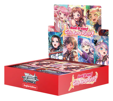 Introducing the BanG Dream! Girls Band Party! 5th Anniversary - Booster Box by Bushiroad. This booster box for the "Weiß Schwarz" card game is a vibrant, red package adorned with anime-style illustrations of the band members. The front features the game title prominently, with an "English Edition" banner displayed on the bottom left corner. Additionally, collectors have a chance to find SIGNED CARDS inside.