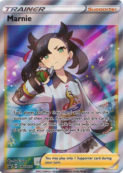 Product Name: Marnie (SWSH121) [Sword & Shield: Black Star Promos]
Brand Name: Pokémon

Pokémon's card from the Sword & Shield series featuring Marnie, a Trainer Supporter card. Marnie, with dark hair in pigtails and a white-purple outfit, strikes a confident pose. The card text explains the effect: Each player shuffles their hand; you draw 5 cards if cards go to the bottom, and the opponent draws 4.