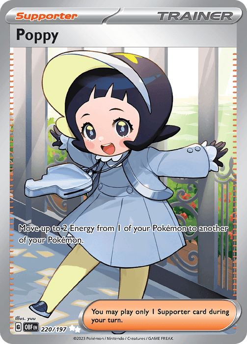 A Pokémon card from the Scarlet & Violet: Obsidian Flames series features Poppy, a cheerful character with a bob haircut and sailor-style outfit, holding a book. The text reads "Move up to 2 Energy from 1 of your Pokémon to another of your Pokémon." This Ultra Rare card is labeled as a 'Supporter' trainer card against a bright, scenic background. The product name is Poppy (220/197) [Scarlet & Violet: Obsidian Flames] by Pokémon.