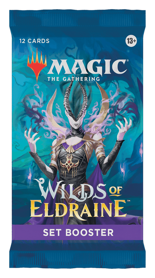 A blue packet labeled "Magic: The Gathering" features an eerie figure with a horned helmet and flowing dark robes, emitting purple and green energy from its hands. The text "12 Cards" is in the corner, and "Wilds of Eldraine - Set Booster Pack" is written at the bottom on a purple ribbon.
