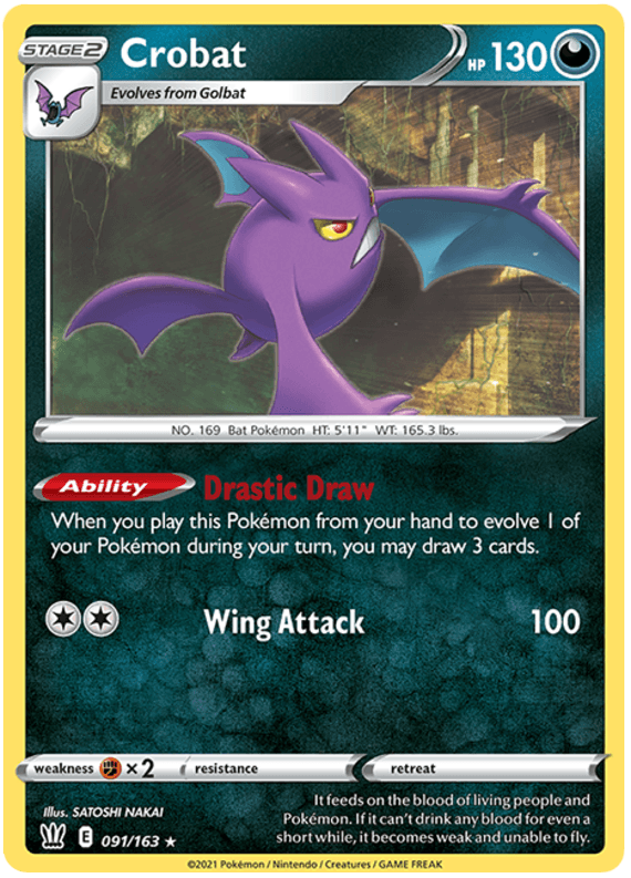 A rare Pokémon trading card of Crobat (091/163) (Theme Deck Exclusive) [Sword & Shield: Battle Styles] from the Battle Styles expansion of the Sword & Shield series by Pokémon. Stage 2 evolution from Golbat, with 130 HP and Dark-type. The card features Crobat in flight against a green gradient background. It has a special ability, 