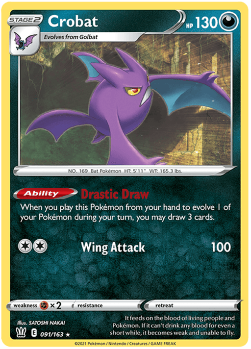 A rare Pokémon trading card of Crobat (091/163) (Theme Deck Exclusive) [Sword & Shield: Battle Styles] from the Battle Styles expansion of the Sword & Shield series by Pokémon. Stage 2 evolution from Golbat, with 130 HP and Dark-type. The card features Crobat in flight against a green gradient background. It has a special ability, "Drastic Draw," and a move, "Wing Attack," with damage of 100. Illustrated by Satoshi Nakai