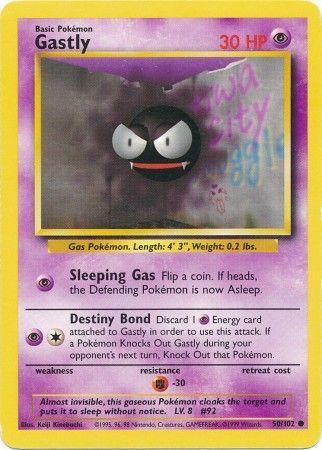 A Pokémon trading card for Gastly (50/102) [Base Set Unlimited] from the Base Set Unlimited series. The card features an image of the common, dark purple, spherical ghost with a sinister, toothy grin and glaring eyes. It has 30 HP and lists two moves: "Sleeping Gas" and "Destiny Bond." The background is a smoky purple with graffiti text reading "New City."
Brand Name: Pokémon