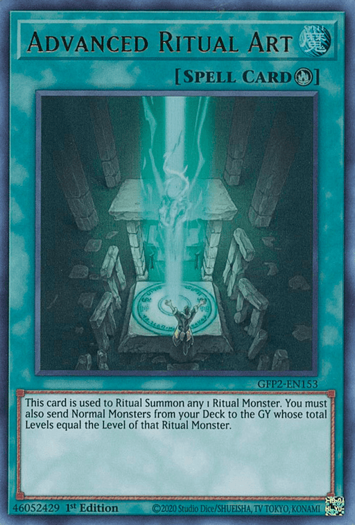 A Yu-Gi-Oh! card titled "Advanced Ritual Art [GFP2-EN153] Ultra Rare." This Ultra Rare Spell Card features artwork of a mystical, stone altar surrounded by four standing stones, with a glowing, ethereal beam of light emanating from the center. A hooded figure stands before the altar, ready to perform a Ritual Summon.