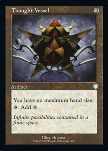 A Magic: The Gathering card named "Thought Vessel (Retro) [The Brothers' War Commander]," an uncommon artifact from The Brothers' War Commander set, with a cost of 2 mana. The card's art depicts a complex, spiked vessel. Card text reads: "You have no maximum hand size. Tap: Add one colorless mana." Flavor text says, "Infinite possibilities contained in a finite space."

