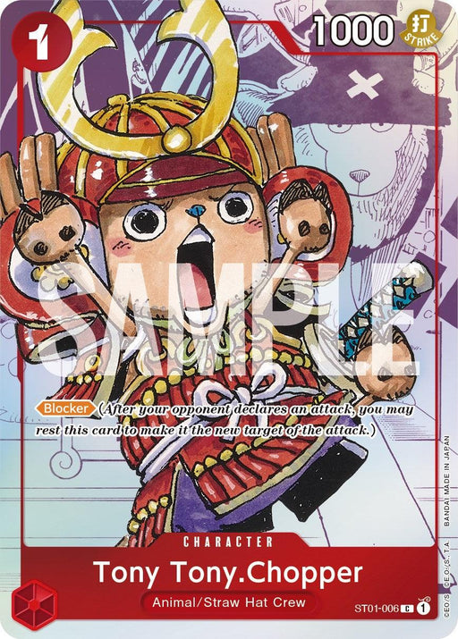 A One Piece Promotion character card featuring Tony Tony Chopper in elaborate samurai armor, holding two flags with a determined expression. Text on the card reads "Tony Tony.Chopper" with attributes listed as "Animal/Straw Hat Crew," and abilities in smaller print. Perfect as a promo collectible! Presenting: **Tony Tony.Chopper (Alternate Art) [One Piece Promotion Cards] by Bandai**.