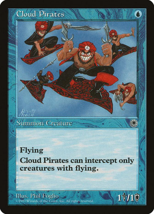 The image is of a Magic: The Gathering card titled "Cloud Pirates [Portal]." It features an illustration of four pirate creatures with red bandanas and knives, flying on small clouds. The card has a blue border with a text box below the illustration containing the card's abilities and stats.