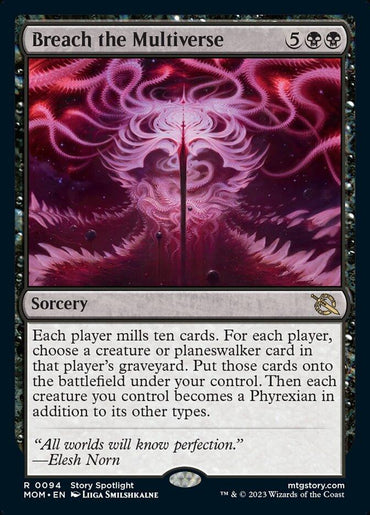 A rare fantasy trading card named "Breach the Multiverse [March of the Machine]" from Magic: The Gathering, featuring artwork of swirling pink and red energies merging into a bright central vortex with tendrils extending outward. This sorcery card's text details its abilities and effects in the game, adding a powerful dimension to your deck.