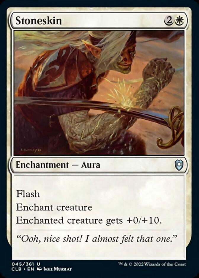 A Magic: The Gathering card named Stoneskin [Commander Legends: Battle for Baldur's Gate] appears in Commander Legends: Battle for Baldur's Gate, costing 2 colorless and 1 white mana. This Enchantment — Aura with 