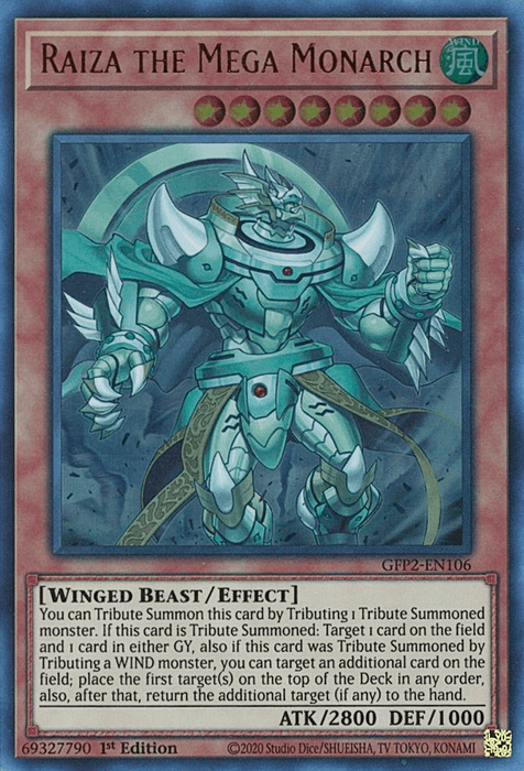 A Yu-Gi-Oh! card titled Raiza the Mega Monarch [GFP2-EN106] Ultra Rare. It features an armored, robotic winged beast with green and blue accents. As an Ultra Rare Effect Monster from Ghosts From the Past, it boasts 2800 attack points and 1000 defense points. The card also details its effect, summoning conditions, and special abilities. Card ID is GFP2-EN106.
