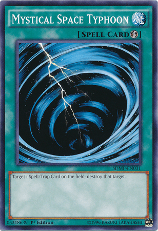 Yu-Gi-Oh!'s Mystical Space Typhoon [SDMP-EN031] from Structure Deck: Master of Pendulum, a 1st Edition Common Quick Play Spell Card, features a blue spiral with a white lightning bolt that targets and destroys one Spell/Trap card on the field.