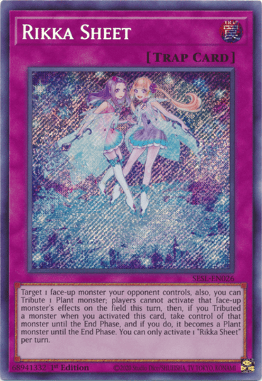 An image of the Yu-Gi-Oh! trading card "Rikka Sheet [SESL-EN026] Secret Rare," a Secret Rare Normal Trap card from the Secret Slayers set. The card features an illustration of two anime-style characters in floral-themed outfits. The text details its effect and activation. The card has a shiny, holographic surface and a purple border.