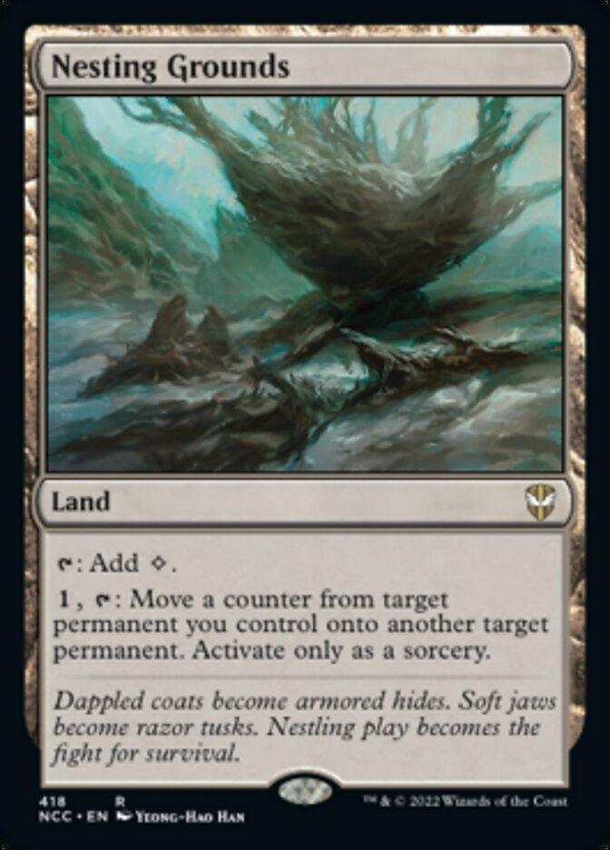 A Magic: The Gathering product titled "Nesting Grounds [Streets of New Capenna Commander]". This Rare Land allows you to tap for Colorless or, for 1 mana and tapping, move a counter from one target permanent you control to another, but only as a sorcery. The artwork showcases a mystical, verdant landscape.