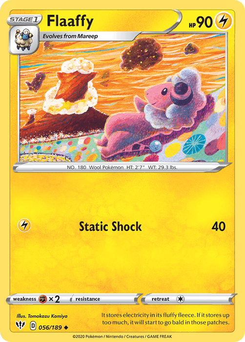 A Pokémon card from the Sword & Shield: Darkness Ablaze series featuring Flaaffy (056/189) [Sword & Shield: Darkness Ablaze]. Flaaffy is depicted as a pink, fluffy sheep-like creature. The background shows hills and cotton-like clouds. Its stats include 90 HP, and its move, Static Shock, deals 40 lightning damage. The card's number is 056/189.