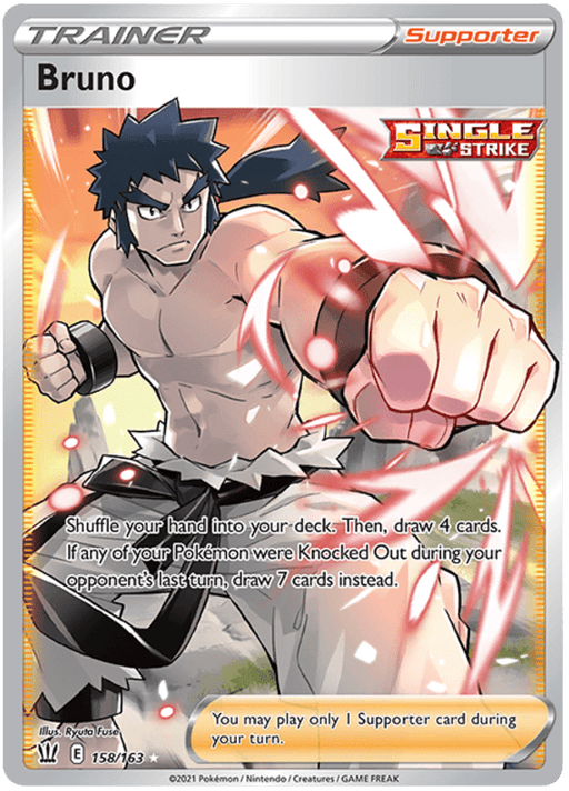 A Pokémon Trainer card from the Sword & Shield: Battle Styles series depicts a muscular man with spiky black hair and a determined expression. Shirtless and in white martial arts pants with a black belt, he stands against dynamic, fiery swirls. An Ultra Rare card, it reads: "Bruno (158/163) [Sword & Shield: Battle Styles] by Pokémon...