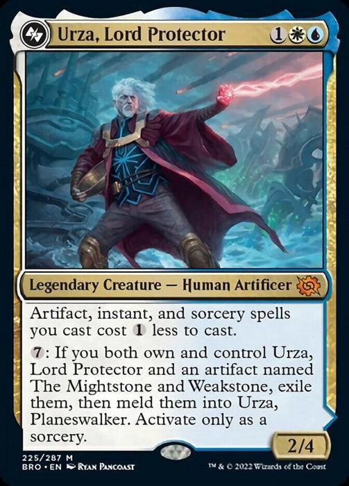The image is of a Magic: The Gathering product titled "Urza, Lord Protector [The Brothers' War]." It depicts an elderly man with white hair and a glowing yellow eye. He wears ornate blue and red robes, holding out his arms commanding energy. The card details his abilities and stats as a Legendary Creature - Human Artificer from The Brothers' War set.