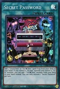 A "Yu-Gi-Oh!" spell card titled "Secret Password [GEIM-EN020] Super Rare." The card art showcases abstract holographic images of two female Live Twin characters in dynamic poses, surrounded by neon symbols and numbers. The card text details its effect, which involves adding specific cards from the deck to the hand.