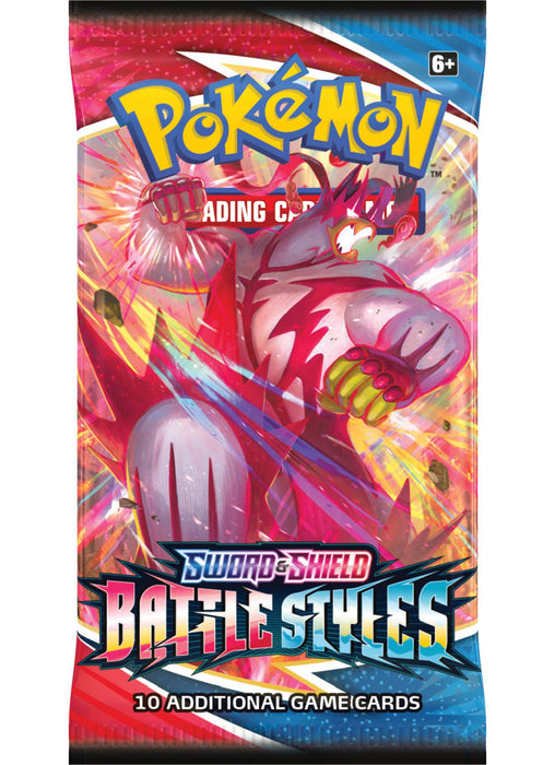 A Pokémon Sword & Shield: Battle Styles - Booster Pack by Pokémon is shown. The pack features vibrant artwork of an armored creature in a dynamic pose against a colorful, energetic background. The pack mentions it contains "10 additional game cards" and is rated for ages 6 and up.