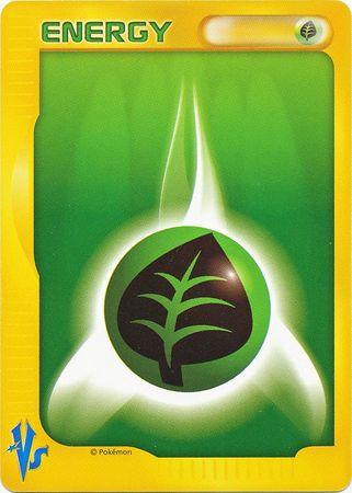 A Common Pokémon Trading Card featuring a Grass Energy (JP VS Set) [Miscellaneous Cards]. The card has a green background with a large, glowing leaf symbol in the center. The top edge displays the word "ENERGY" in bold, green letters. Yellow borders accentuate the card, with a blue logo in the bottom left corner—a must-have for players and collectors of Pokémon cards.