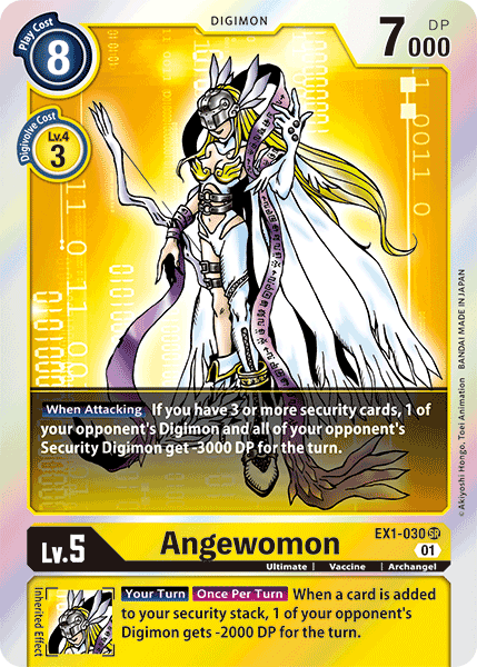 The image is of an Angewomon [EX1-030] [Classic Collection] trading card from Digimon, featuring a Super Rare Level 5 Archangel Digimon. It depicts Angewomon in a humanoid form with angelic wings, wearing a silver and gold outfit with a helmet. The card has a cost of 8, 7000 DP, and includes special abilities detailed within text boxes framed by a yellow border.