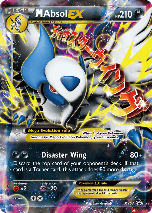 An illustrated Pokémon trading card of M Absol EX (XY63) [XY: Black Star Promos] with 210 HP from the Black Star Promos series. M Absol EX (XY63) [XY: Black Star Promos] is a white, quadruped Pokémon with a dark blue face and features. The card details an attack, "Disaster Wing," that deals 80+ damage. The background blends darkness and bright colors, with Mega Evolution rules at the bottom.