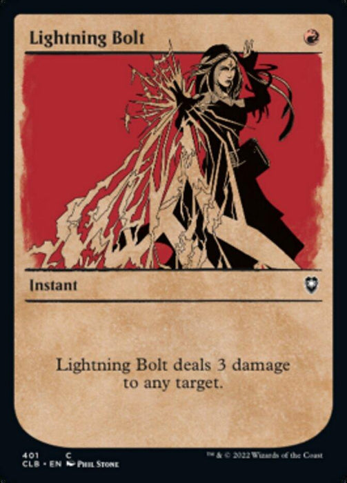 A Magic: The Gathering card named "Lightning Bolt (Showcase) [Commander Legends: Battle for Baldur's Gate]" from Magic: The Gathering features a tan border and depicts a black-robed figure casting a lightning bolt that shatters into strands on a striking red background. The text reads: "Lightning Bolt deals 3 damage to any target." This Instant card is numbered 401.