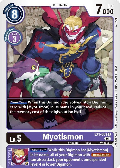 A Myotismon [EX1-061] (Winner Pack X Record) card from the Classic Collection Promos. The artwork features a vampire-like character dressed in purple and red attire with a flowing cape, alongside a bat. The card displays play cost (8), Digivolve cost (3), DP (7000), and level (Lv. 5). Text details its characteristics and special abilities.