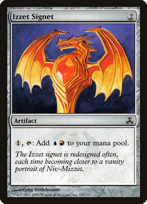 A Magic: The Gathering product Izzet Signet [Guildpact]. This Guildpact artifact showcases a red-orange dragon with wings unfurled against a fiery backdrop. It adds blue and red mana, with flavor text highlighting the significance of the Izzet signet.