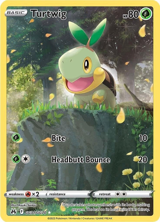 A Pokémon card for "Turtwig (GG31/GG70) [Sword & Shield: Crown Zenith]" from the Pokémon series, featuring the character standing on a grassy cliff edge in a forest. Turtwig, a green turtle-like creature with a sprout on its head, has 80 HP and moves "Bite" with 10 damage and "Headbutt Bounce" with 20 damage. This card is also a Holo Rare.