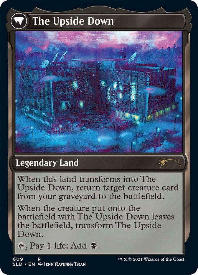 A Magic: The Gathering card titled "Hawkins National Laboratory // The Upside Down [Secret Lair Drop Promos]" unveils a legendary land enveloped in dark, eerie forests and spectral figures. Drawing inspiration from a supernatural theme, the card's text emphasizes transformative abilities and mana generation, making it a distinctive asset in any deck.