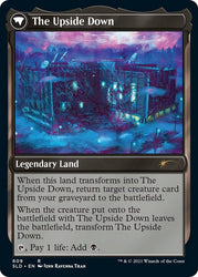 A Magic: The Gathering card titled "Hawkins National Laboratory // The Upside Down [Secret Lair Drop Promos]" unveils a legendary land enveloped in dark, eerie forests and spectral figures. Drawing inspiration from a supernatural theme, the card's text emphasizes transformative abilities and mana generation, making it a distinctive asset in any deck.