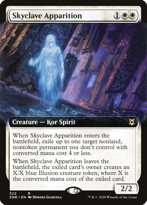 The image depicts a Magic: The Gathering card named "Skyclave Apparition (Extended Art) [Zendikar Rising]," a Creature — Kor Spirit from the Zendikar Rising set. A blue spectral figure hovers on the left side in a dark environment. The card features a white frame with detailed text about the creature's 2/2 abilities and stats. Art by Donato Giancola.