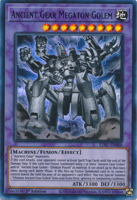 The Yu-Gi-Oh! trading card "Ancient Gear Megaton Golem (Blue) [LDS1-EN088] Ultra Rare" from Legendary Duelists: Season 1 showcases a massive, robotic creature with a metallic body and gears. This Earth attribute Fusion/Effect Monster has impressive stats of 3300 ATK and DEF, with detailed summoning conditions and potent effects outlined on the card.