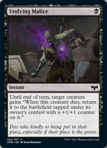 A Magic: The Gathering card from Innistrad: Crimson Vow titled "Undying Malice [Innistrad: Crimson Vow]." This common black card features a zombie-like creature with greenish skin and a glowing purple aura emerging from its chest. Illustrated by Igor Kieryluk, the card's text describes its instant effect.