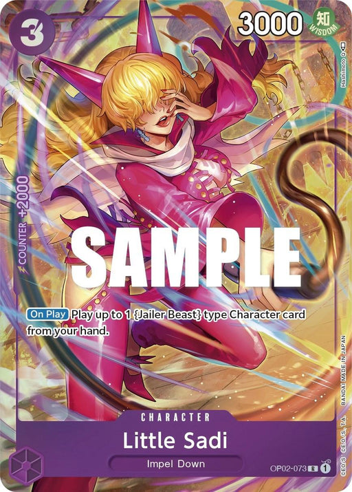 A rare trading card featuring "Little Sadi (Alternate Art) [Paramount War]" from the "Impel Down" series by Bandai. The character, shown with long blonde hair and a pink outfit with purple and gold accents, boasts a power of 3000 and counter of +2000. On play, you can play up to 1 Jailer Beast type Character card from your hand. "Sample" is overlaid across the card.