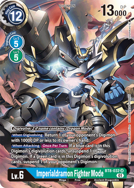 A Digimon Imperialdramon Fighter Mode [BT8-032] (Alternate Art) [New Awakening] card displaying Imperialdramon Fighter Mode, an Ancient Dragonkin creature wielding twin cannons. The card has a blue border, a play cost of 12, and 13000 DP. It features detailed game mechanics for Digivolution and attack, with various special effects and a Lv. 6 indicator.