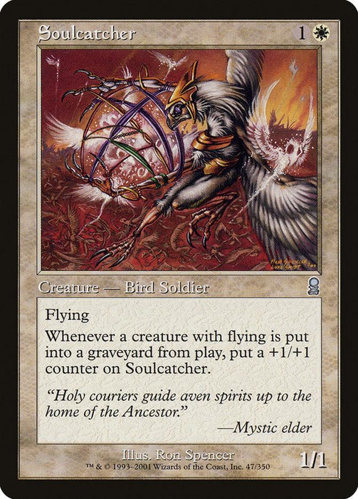The Magic: The Gathering product titled "Soulcatcher [Odyssey]" features artwork by Ron Spencer depicting a winged avian soldier holding a glowing orb within a cage-like structure. This flying creature has the ability to gain +1/+1 counters whenever another flying creature is put into a graveyard.