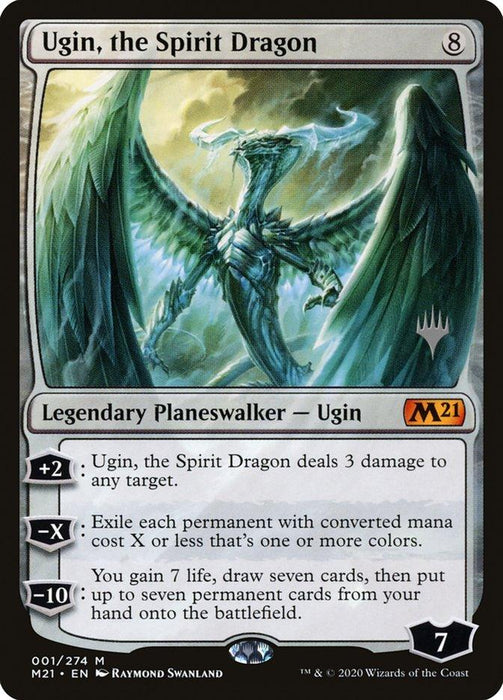 The image shows a Magic: The Gathering card named "Ugin, the Spirit Dragon (Promo Pack) [Core Set 2021 Promos]," a Legendary Planeswalker. It depicts a spectral dragon with glowing blue-green wings and a fierce expression. This mythic card details three abilities and has a loyalty score of 7. The card set is M21, illustrated by Raymond Swanland.