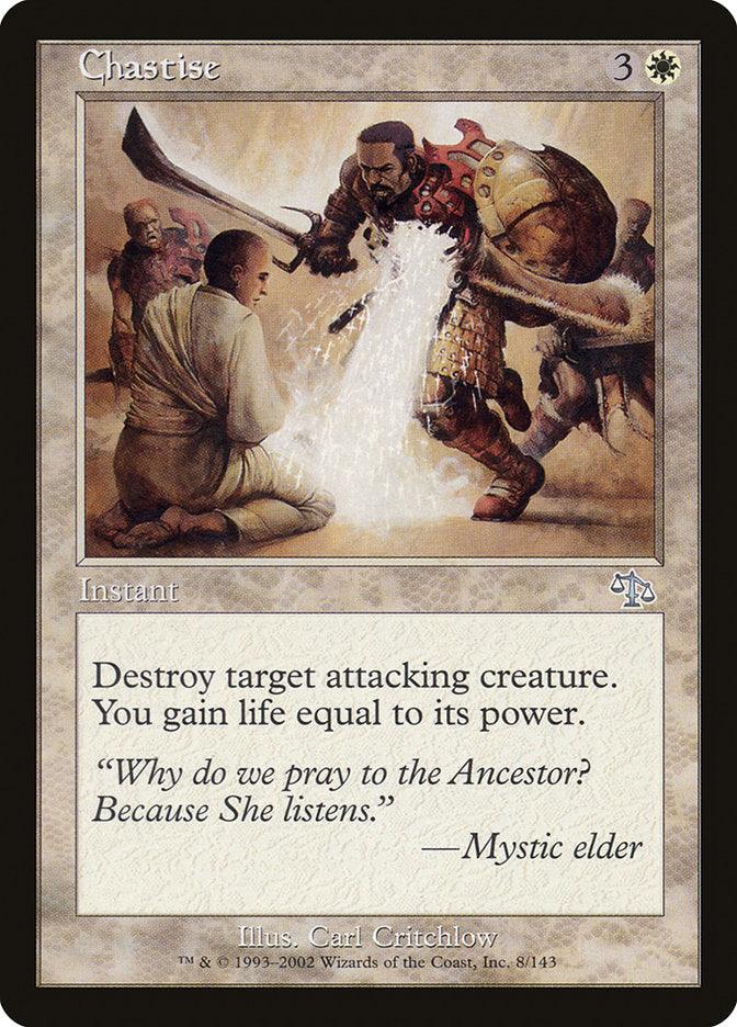 The "Chastise [Judgment]" card from Magic: The Gathering features a warrior in armor attacking, while a kneeling man emits mystical light from his hands, halting the warrior. Onlookers watch in awe as the card text outlines the spell's effect and includes a quote from a mystic elder.