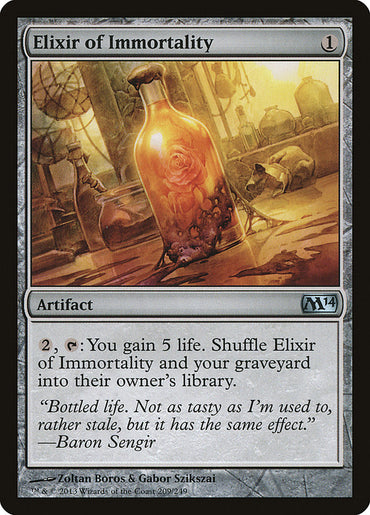 The Magic: The Gathering card "Elixir of Immortality" [Magic 2014] features an illustration of a glowing bottle surrounded by alchemical tools. This artifact card costs 1 mana, and for an additional 2 mana along with tapping it, the player gains 5 life and shuffles their graveyard back into their library.