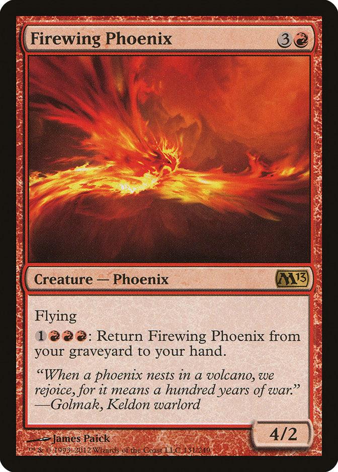 The Magic: The Gathering card "Firewing Phoenix" from Magic 2013 costs 3 colorless and 1 red mana to cast. Featuring artwork of a fiery red and orange phoenix in flight, this Rare Creature is a 4/2 with flying. For an additional cost of 1 colorless and 3 red mana, you can return it from the graveyard to your hand.