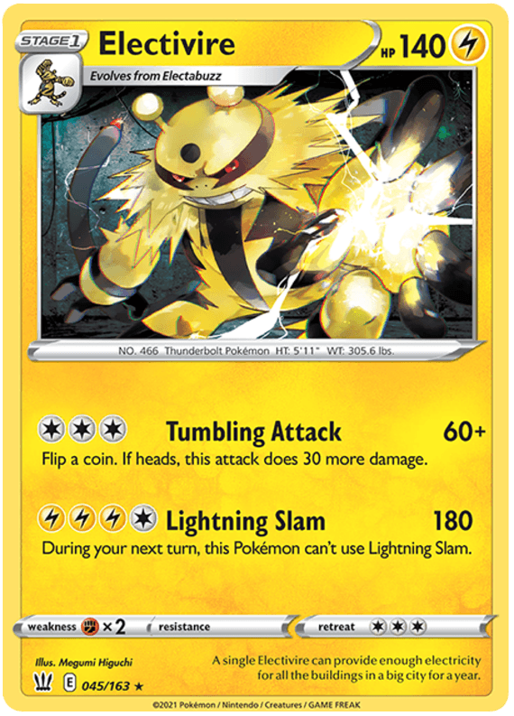 A rare Pokémon Electivire (045/163) [Sword & Shield: Battle Styles] from Pokémon featuring Electivire, a yellow, bipedal Pokémon with black stripes and electrical wires on its back. Boasting 140 HP and two moves: Tumbling Attack and Lightning Slam, the illustration shows Electivire punching through a brick wall with sparks flying.