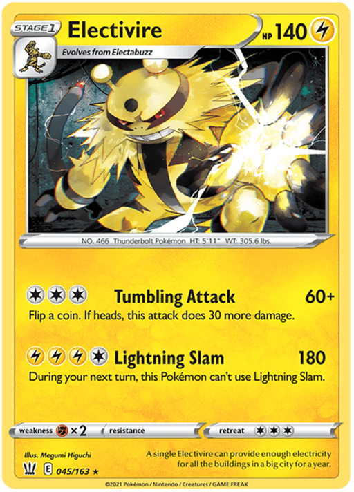 A rare Pokémon Electivire (045/163) [Sword & Shield: Battle Styles] from Pokémon featuring Electivire, a yellow, bipedal Pokémon with black stripes and electrical wires on its back. Boasting 140 HP and two moves: Tumbling Attack and Lightning Slam, the illustration shows Electivire punching through a brick wall with sparks flying.